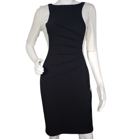 Ivanka Trump Womens Size 4 Side Pleat Sheath Dress Black White Sides Back Zip - Picture 1 of 6
